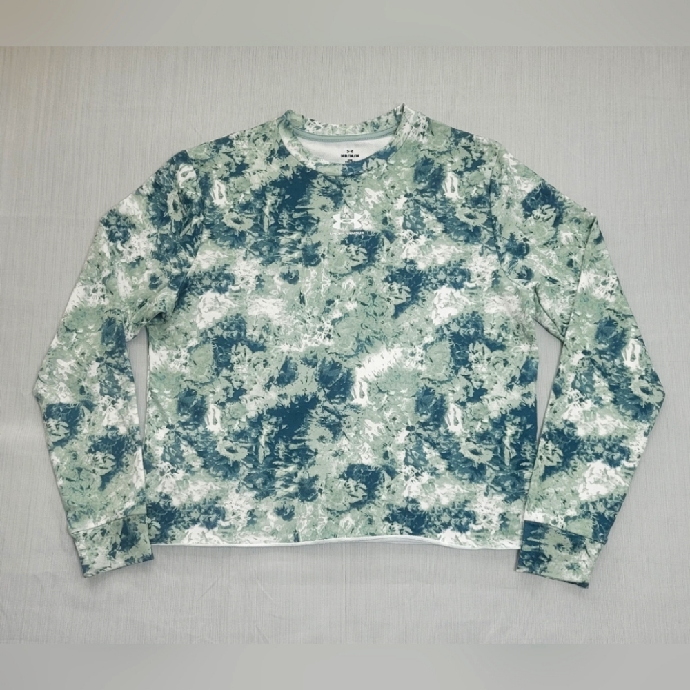 Under Armour Shirt Womens Medium Green Long Sleeve Rival Terry Print Crew Warmup